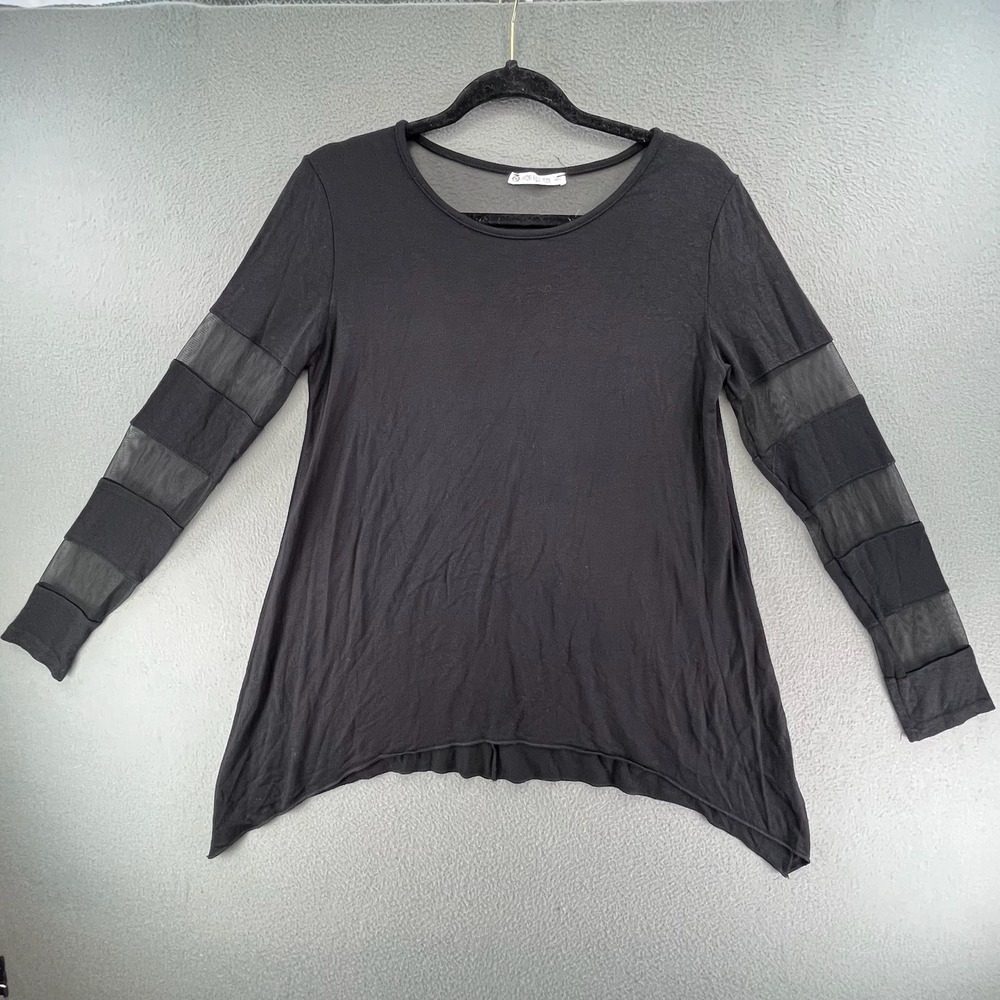 AQE Fashion Women Black Viscose Knit Tunic L Mesh Sleeve Handkerchief Hem Top